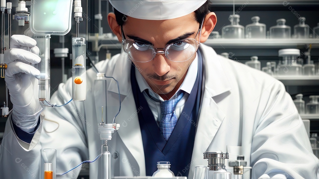 Imagem realista de pessoa jovem biomédico sobre laboratório.