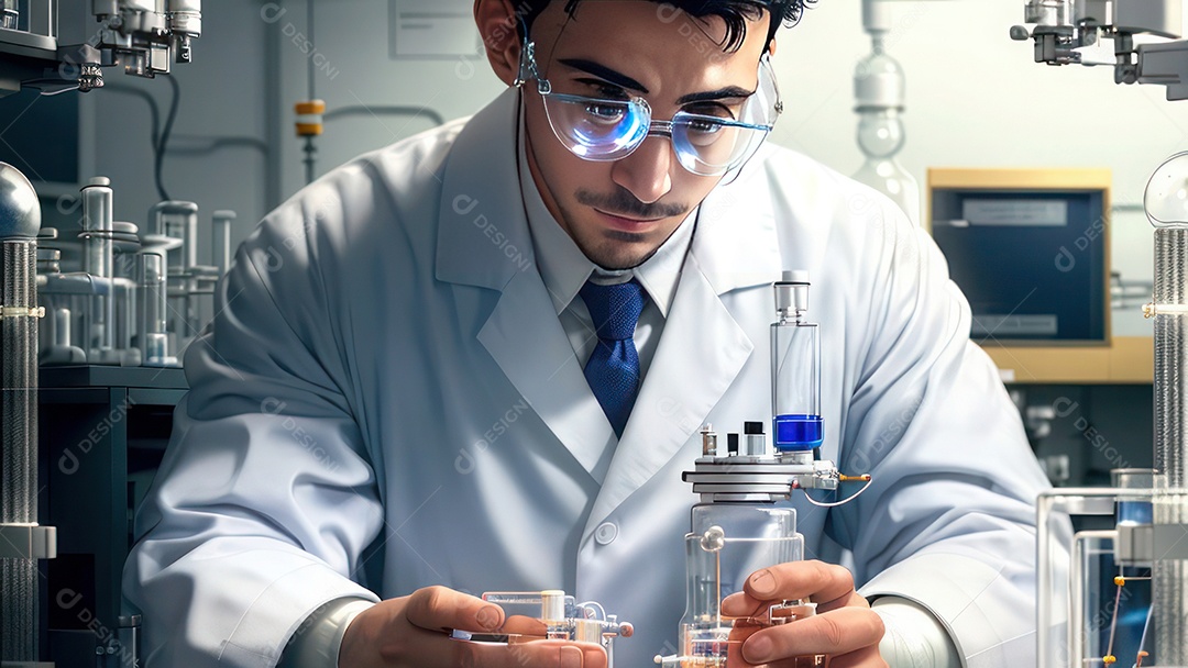 Imagem realista de pessoa jovem biomédico sobre laboratório.