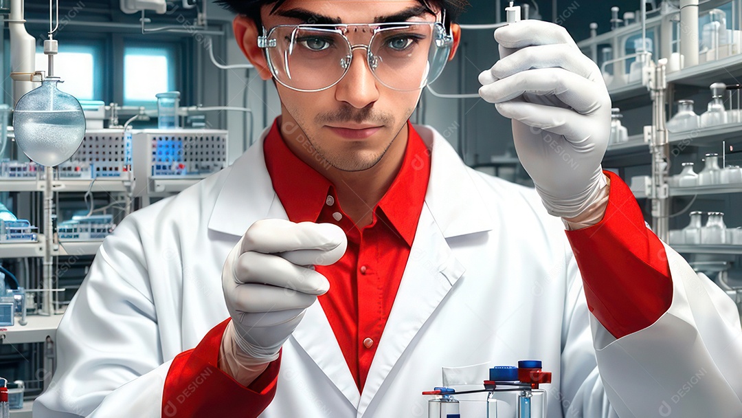 Imagem realista de pessoa jovem biomédico sobre laboratório.