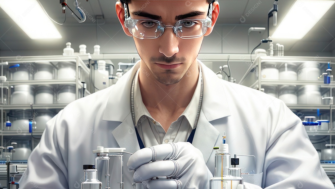 Imagem realista de pessoa jovem biomédico sobre laboratório.