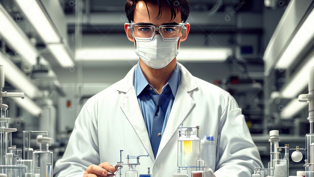 Imagem realista de pessoa jovem biomédico sobre laboratório.