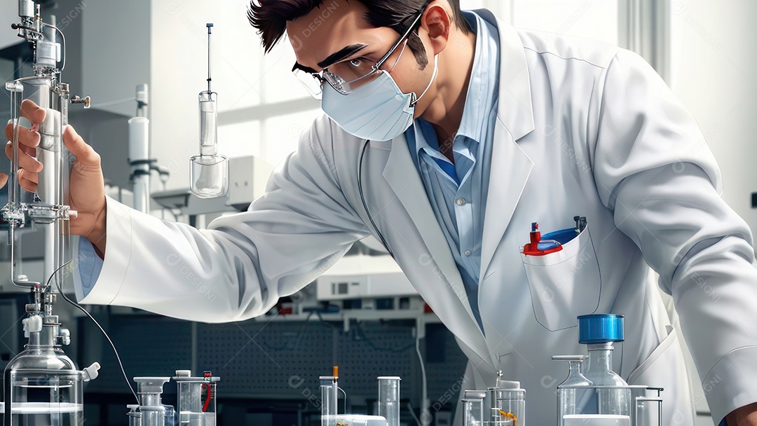 Imagem realista de pessoa jovem biomédico sobre laboratório.