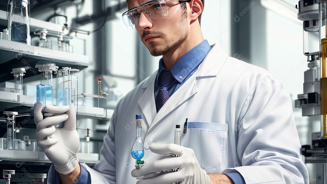 Imagem realista de pessoa jovem biomédico sobre laboratório.