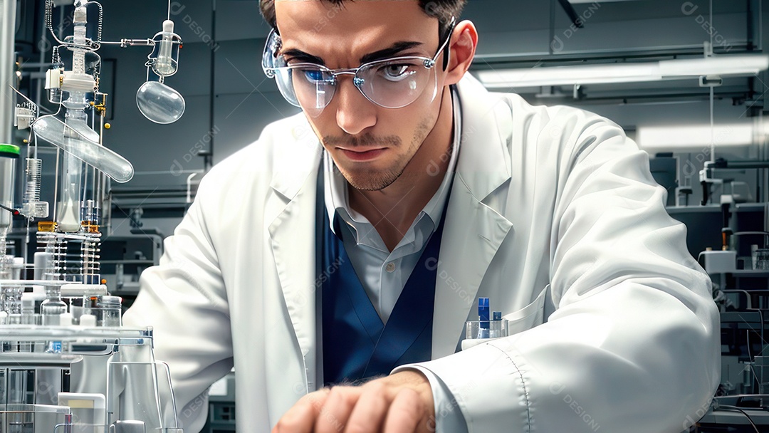 Imagem realista de pessoa jovem biomédico sobre laboratório.