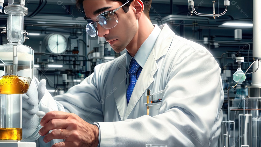 Imagem realista de pessoa jovem biomédico sobre laboratório.