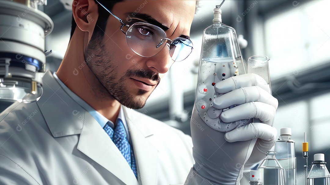 Imagem realista de pessoa jovem biomédico sobre laboratório.