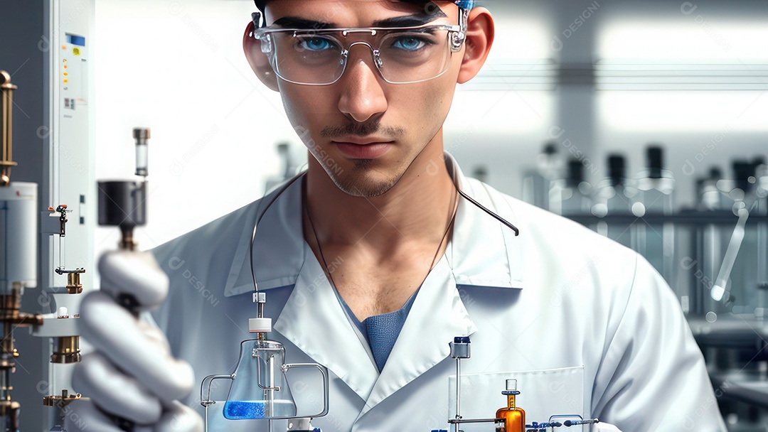 Imagem realista de pessoa jovem biomédico sobre laboratório.