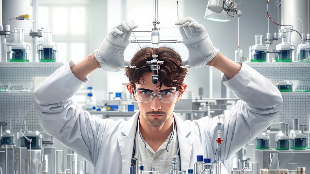 Imagem realista de pessoa jovem biomédico sobre laboratório.