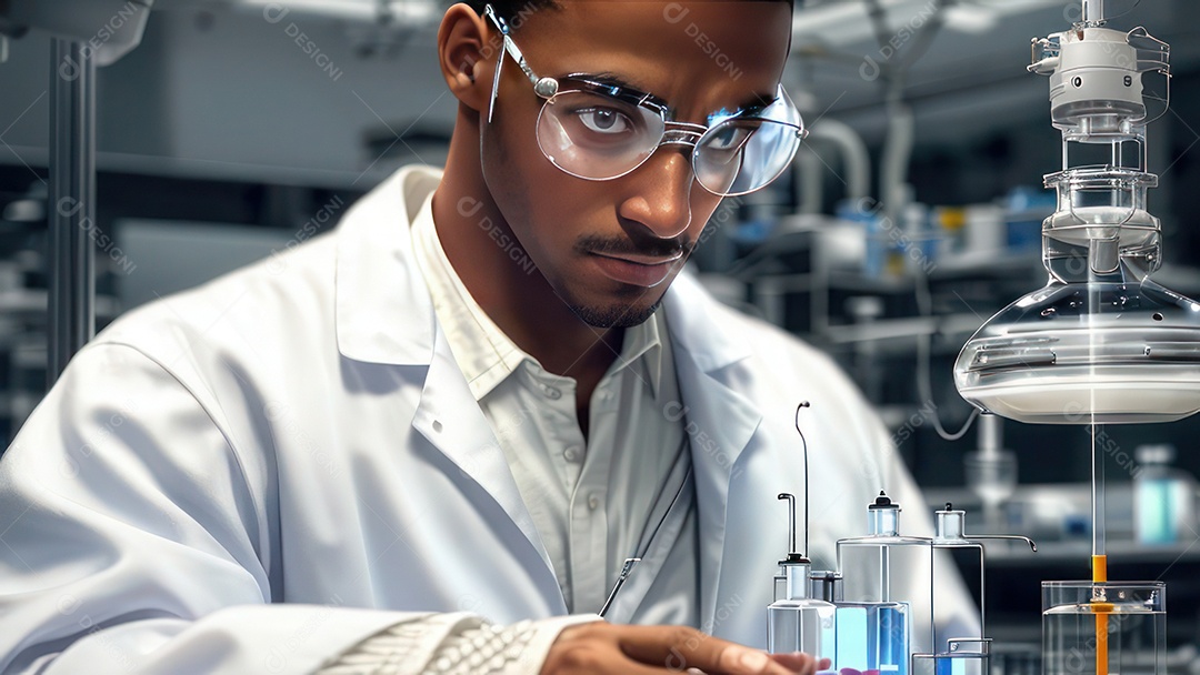 Imagem realista de pessoa jovem biomédico sobre laboratório.