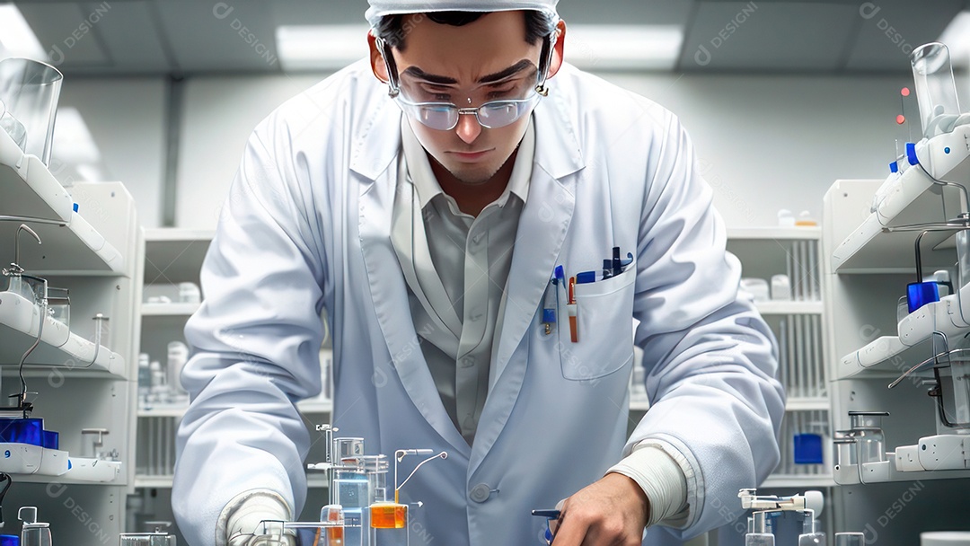 Imagem realista de pessoa jovem biomédico sobre laboratório.