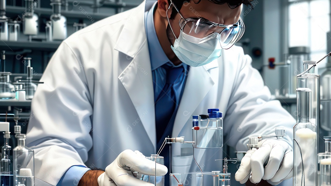 Imagem realista de pessoa jovem biomédico sobre laboratório.