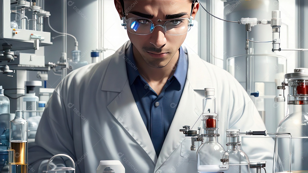 Imagem realista de pessoa jovem biomédico sobre laboratório.