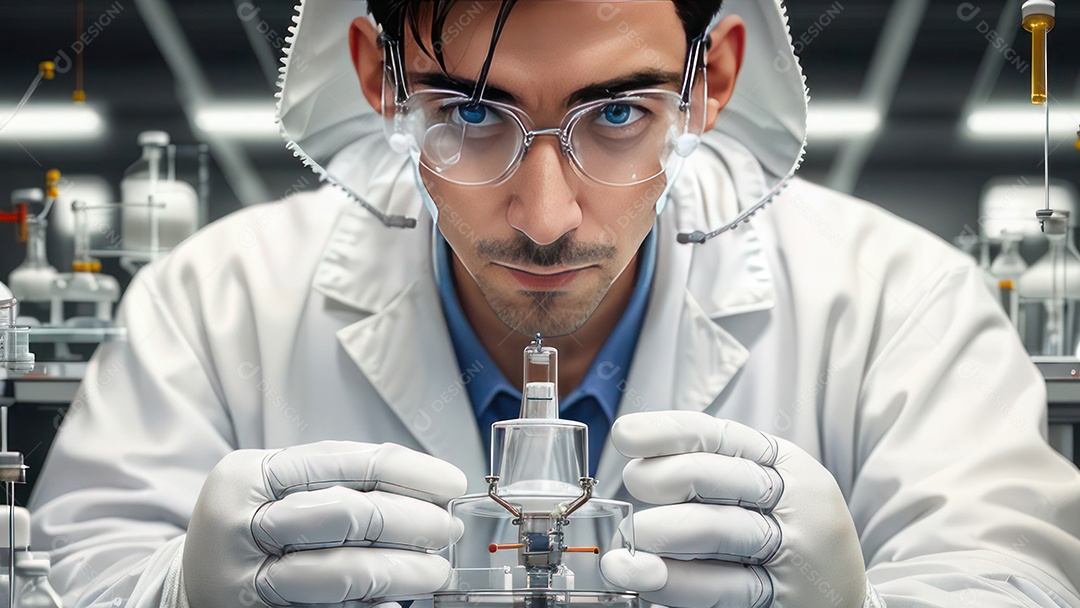 Imagem realista de pessoa jovem biomédico sobre laboratório.