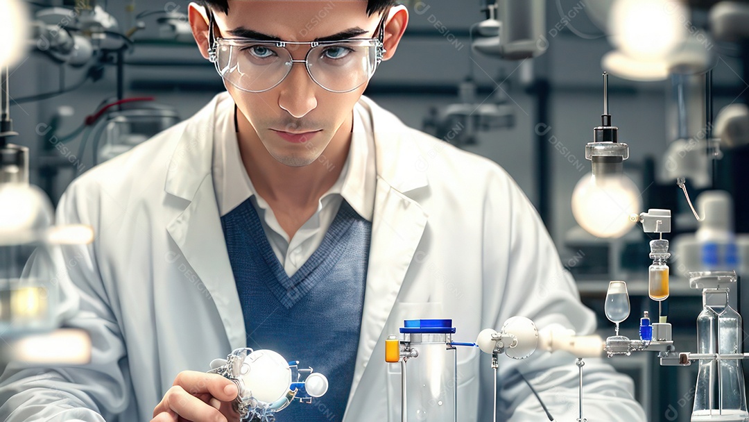 Imagem realista de pessoa jovem biomédico sobre laboratório.