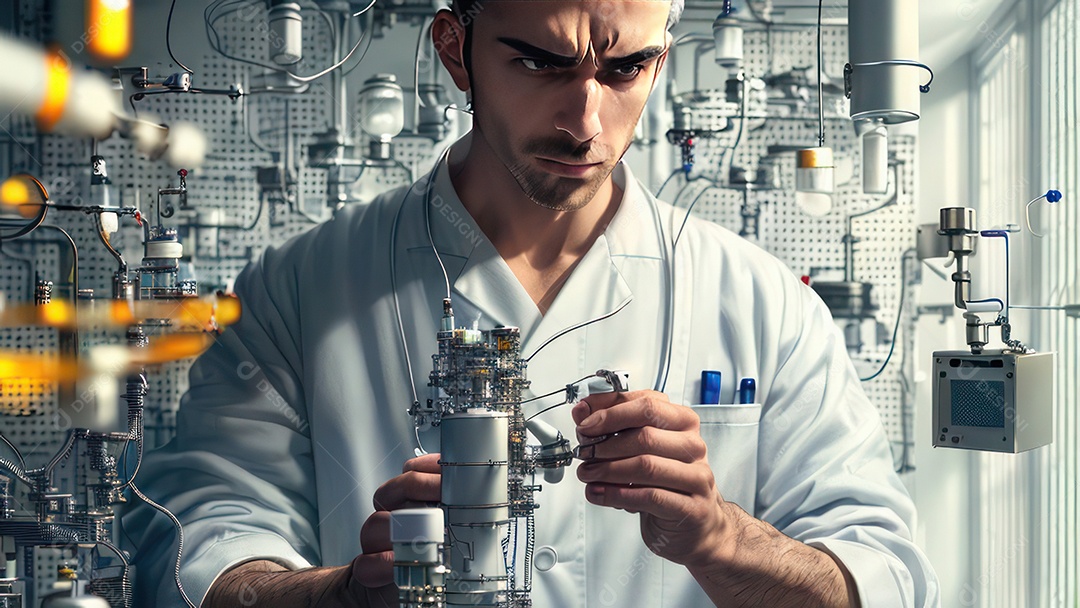 Imagem realista de pessoa jovem biomédico sobre laboratório.