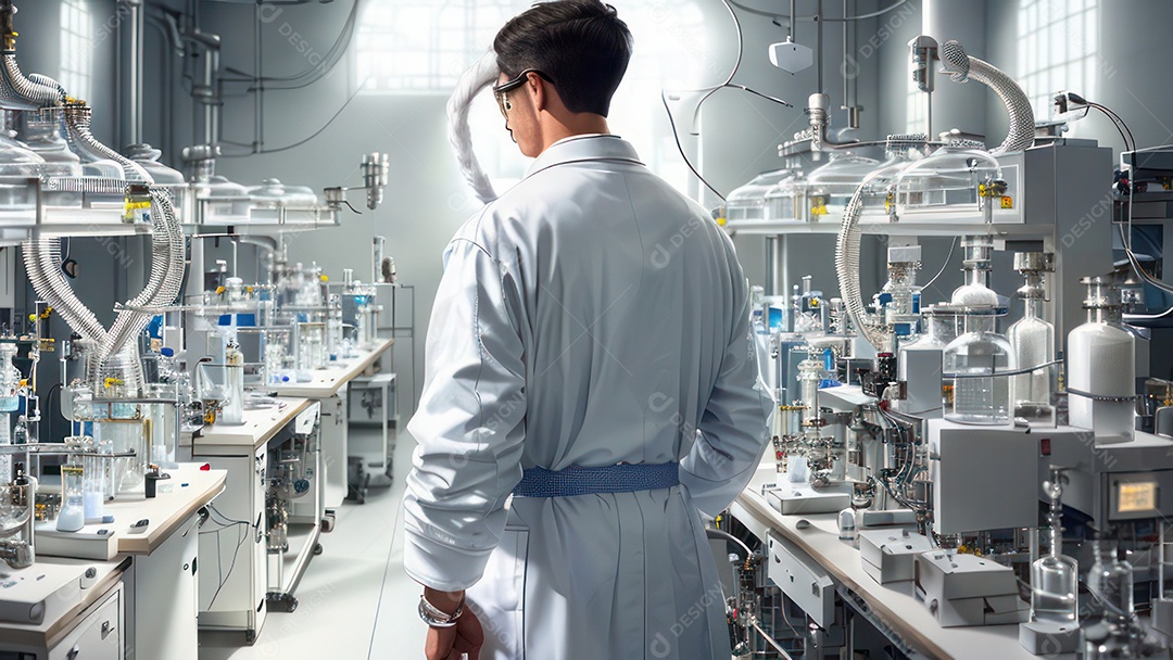 Imagem realista de pessoa jovem biomédico sobre laboratório.