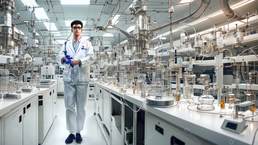 Imagem realista de pessoa jovem biomédico sobre laboratório.