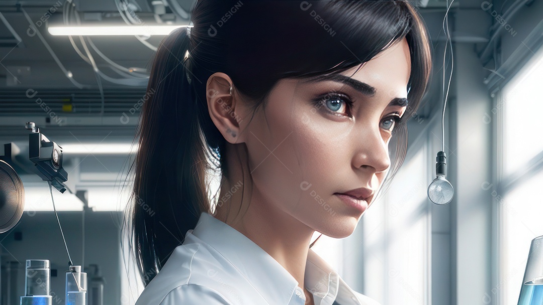 Imagem realista de pessoa jovem biomédico sobre laboratório.