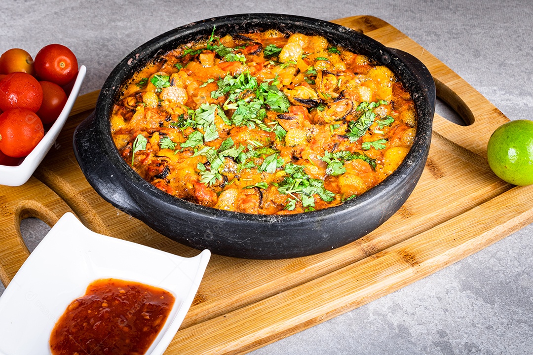 Deliciosa moqueca de peixe brasileiro com tomate, cebola, azeite, coentro e semente de orocum. Feito em panela de barro sobre mesa branca e fundo preto