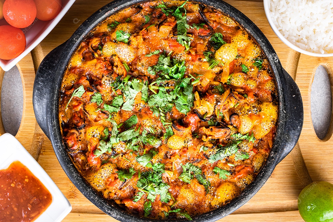 Deliciosa moqueca de peixe brasileiro com tomate, cebola, azeite, coentro e semente de orocum. Feito em panela de barro sobre mesa branca e fundo preto