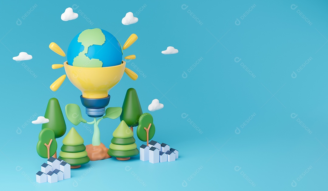 Lâmpada de terra com árvores e cidade ou vila. Meio ambiente e ilustração 3d do conceito de conservação de energia.