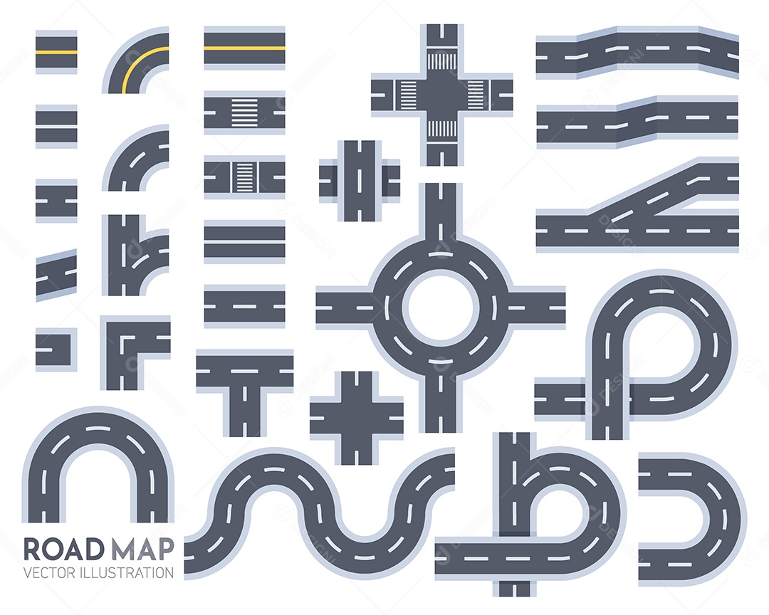 Vetor de Elementos de estrada de vista superior para criar uma rota no mapa de navegação