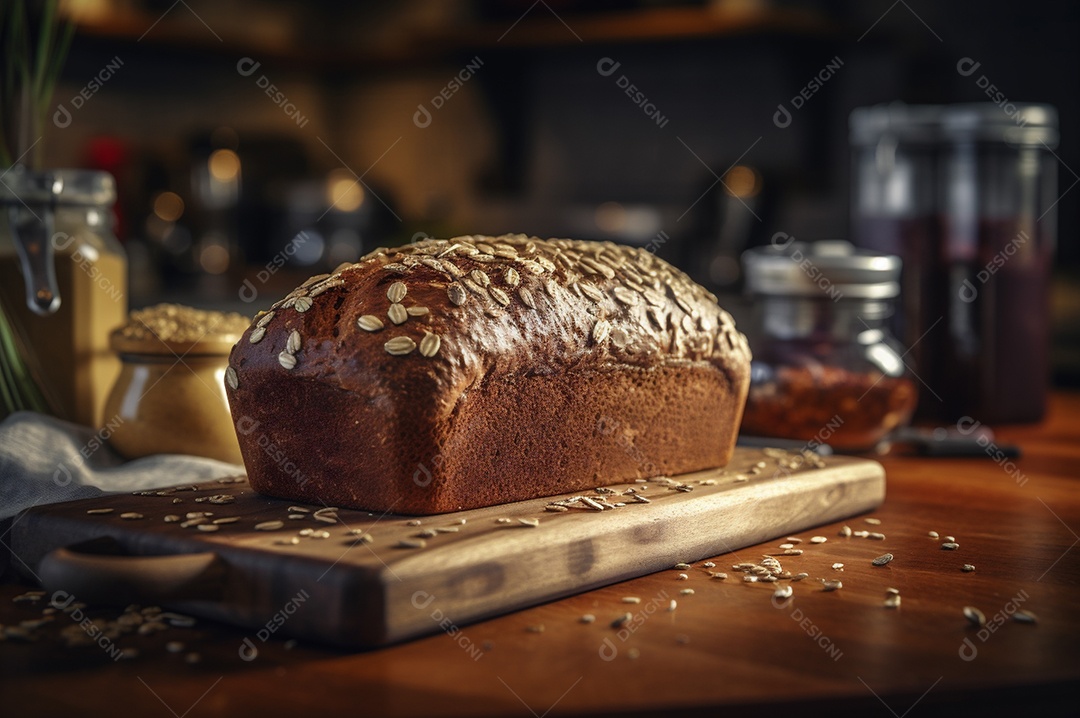 Pão integral orgânico e saudável caseiro em uma mesa de madeira.