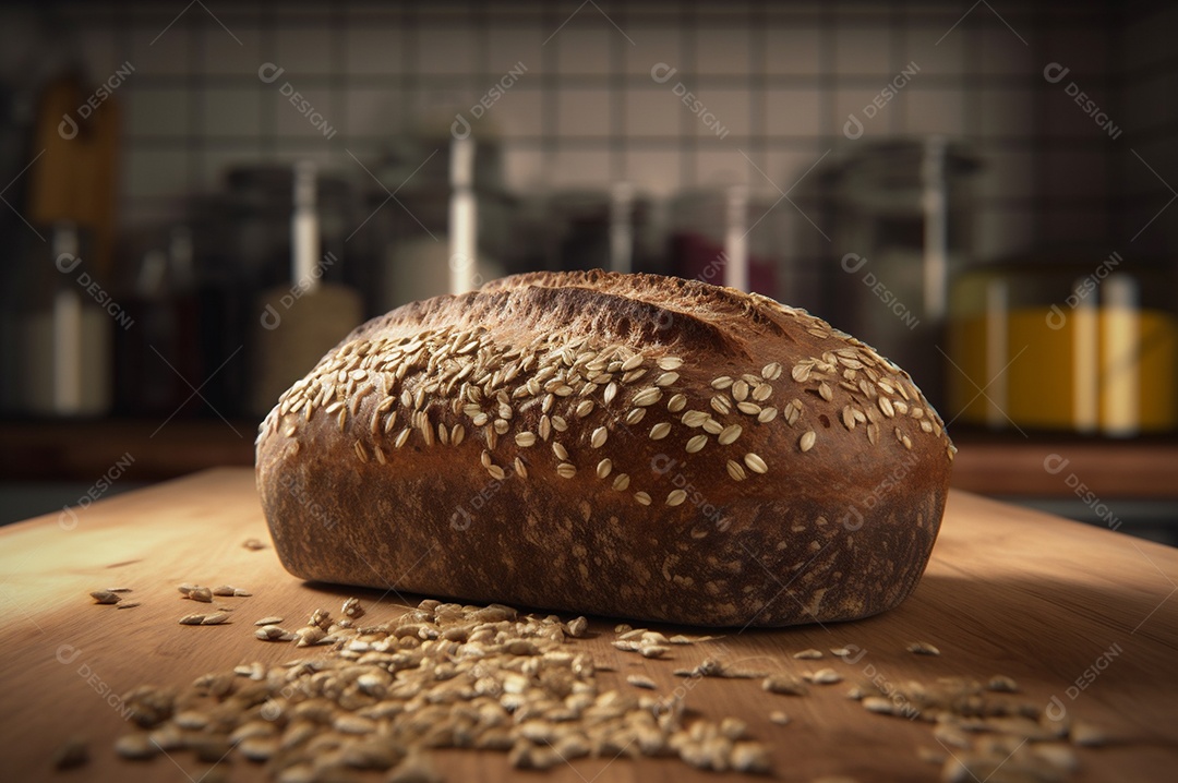 Pão integral orgânico e saudável caseiro em uma mesa de madeira.