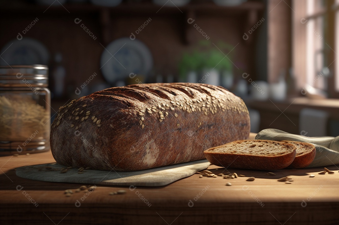 Pão integral orgânico e saudável caseiro em uma mesa de madeira.