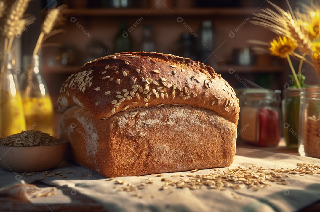 Pão integral orgânico e saudável caseiro em uma mesa de madeira.