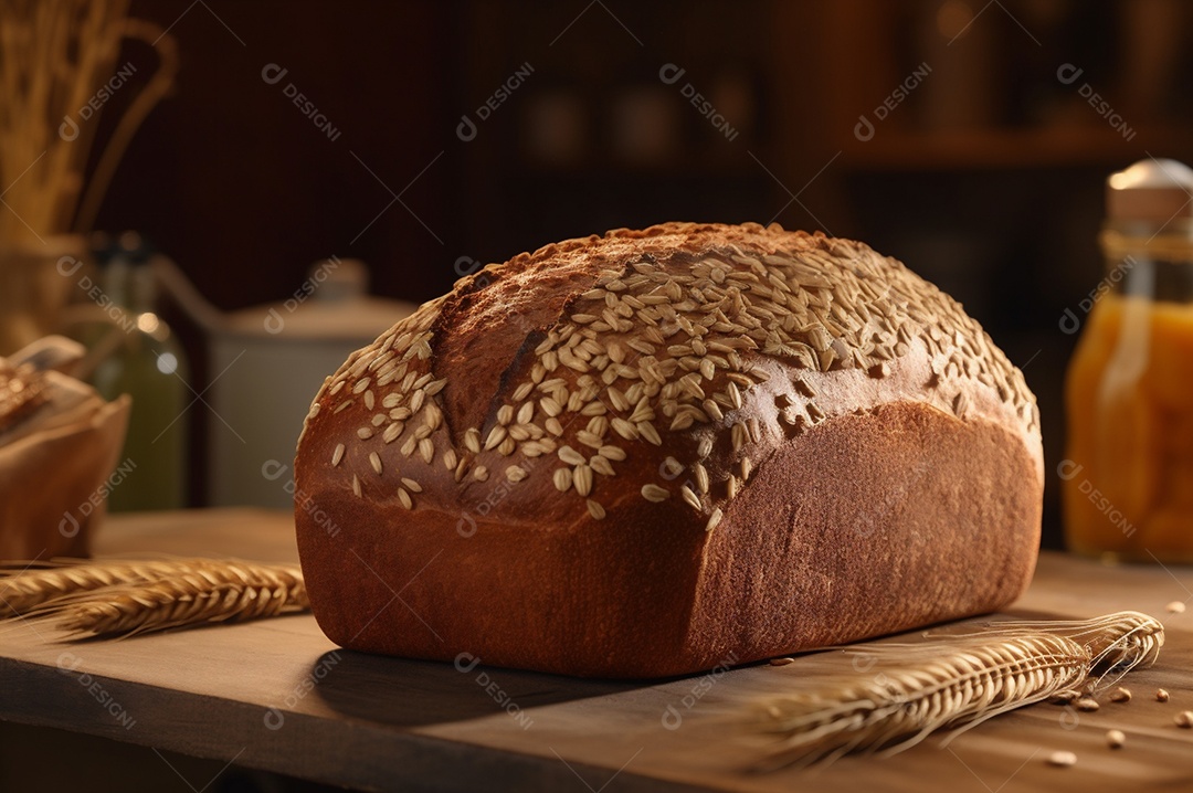 Pão integral orgânico e saudável caseiro em uma mesa de madeira.