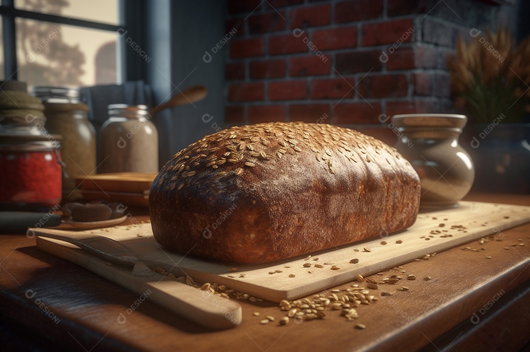 Pão integral orgânico e saudável caseiro em uma mesa de madeira.