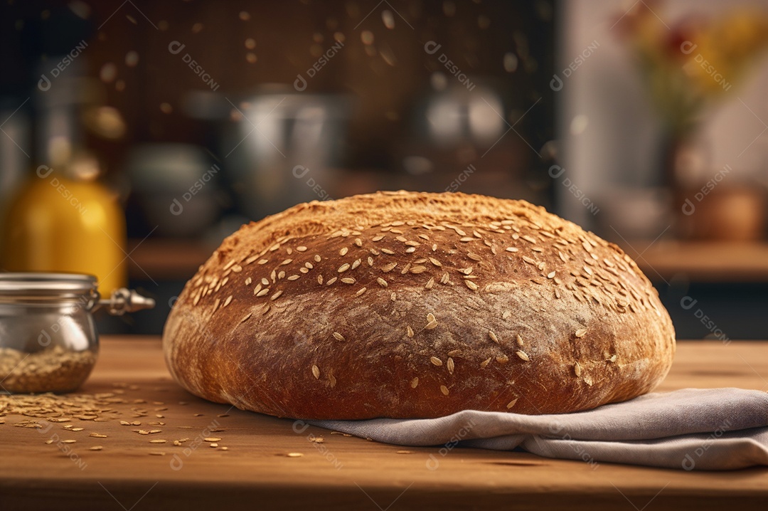 Pão integral orgânico e saudável caseiro em uma mesa de madeira.