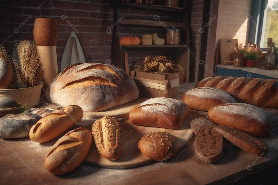 Pão integral orgânico e saudável caseiro em uma mesa de madeira.