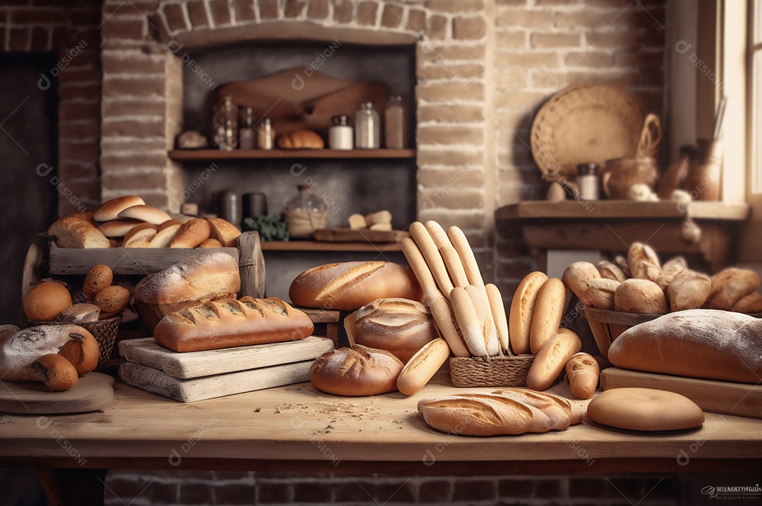 Pão integral orgânico e saudável caseiro em uma mesa de madeira.