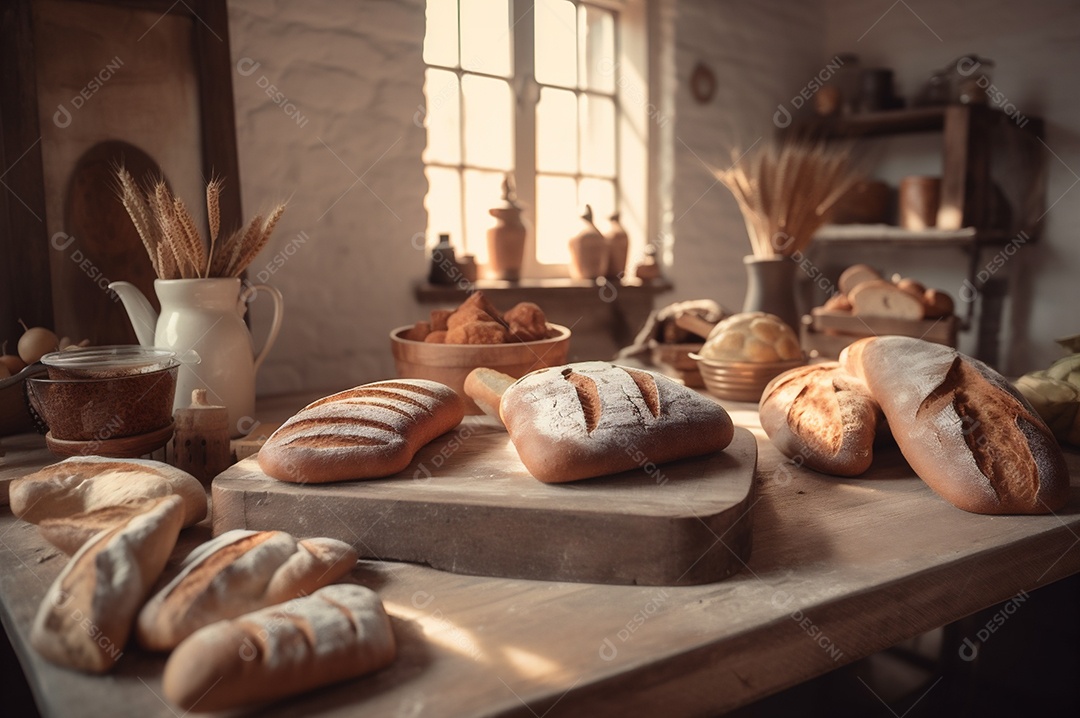 Pão integral orgânico e saudável caseiro em uma mesa de madeira.