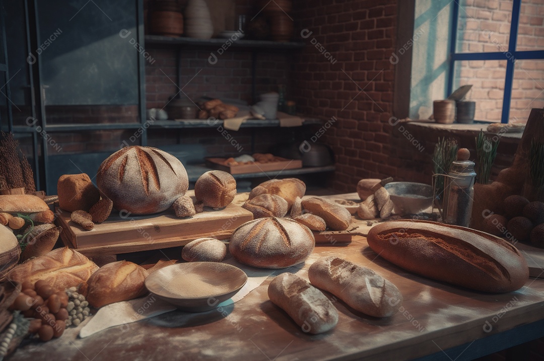 Pão integral orgânico e saudável caseiro em uma mesa de madeira.