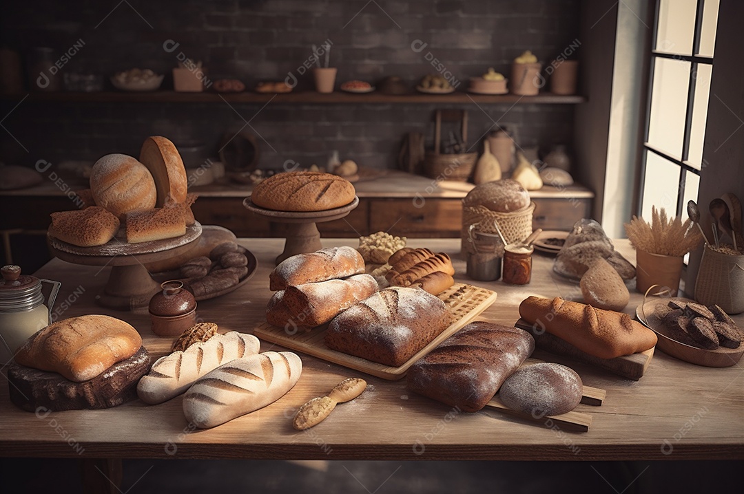Pão integral orgânico e saudável caseiro em uma mesa de madeira.