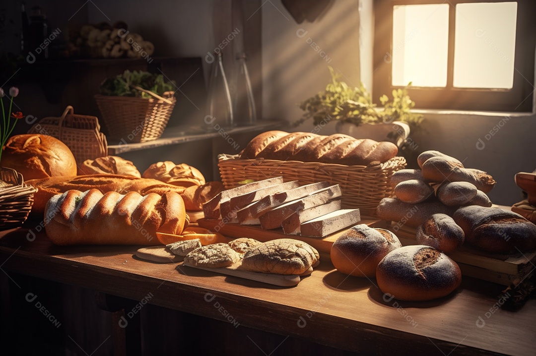 Pão integral orgânico e saudável caseiro em uma mesa de madeira.