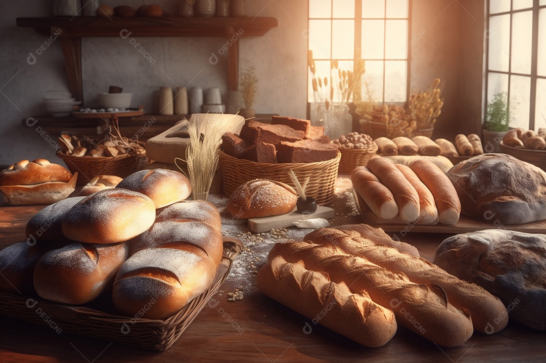 Pão integral orgânico e saudável caseiro em uma mesa de madeira.