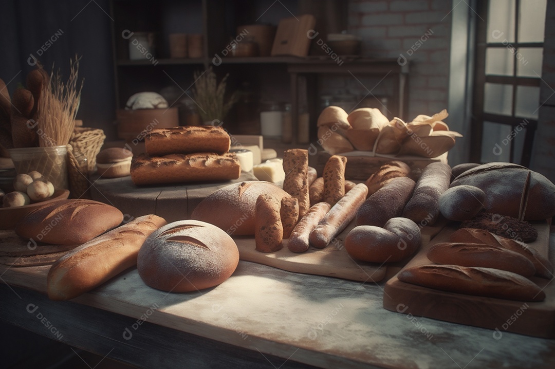 Pão integral orgânico e saudável caseiro em uma mesa de madeira.