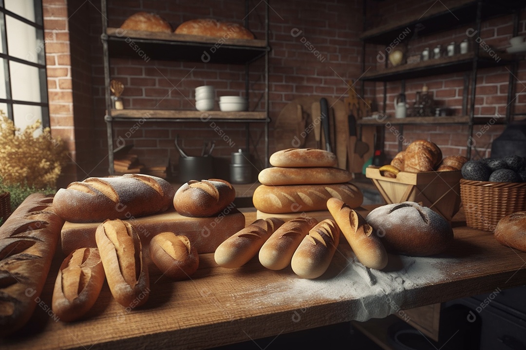 Pão integral orgânico e saudável caseiro em uma mesa de madeira.