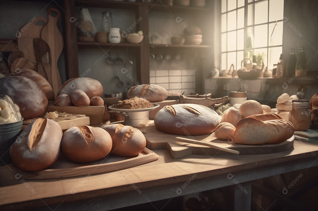 Pão integral orgânico e saudável caseiro em uma mesa de madeira.