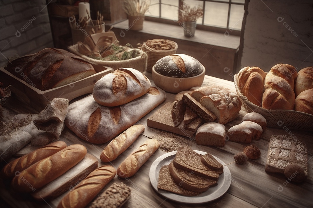 Pão integral orgânico e saudável caseiro em uma mesa de madeira.