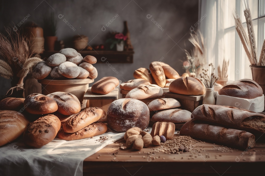 Pão integral orgânico e saudável caseiro em uma mesa de madeira.