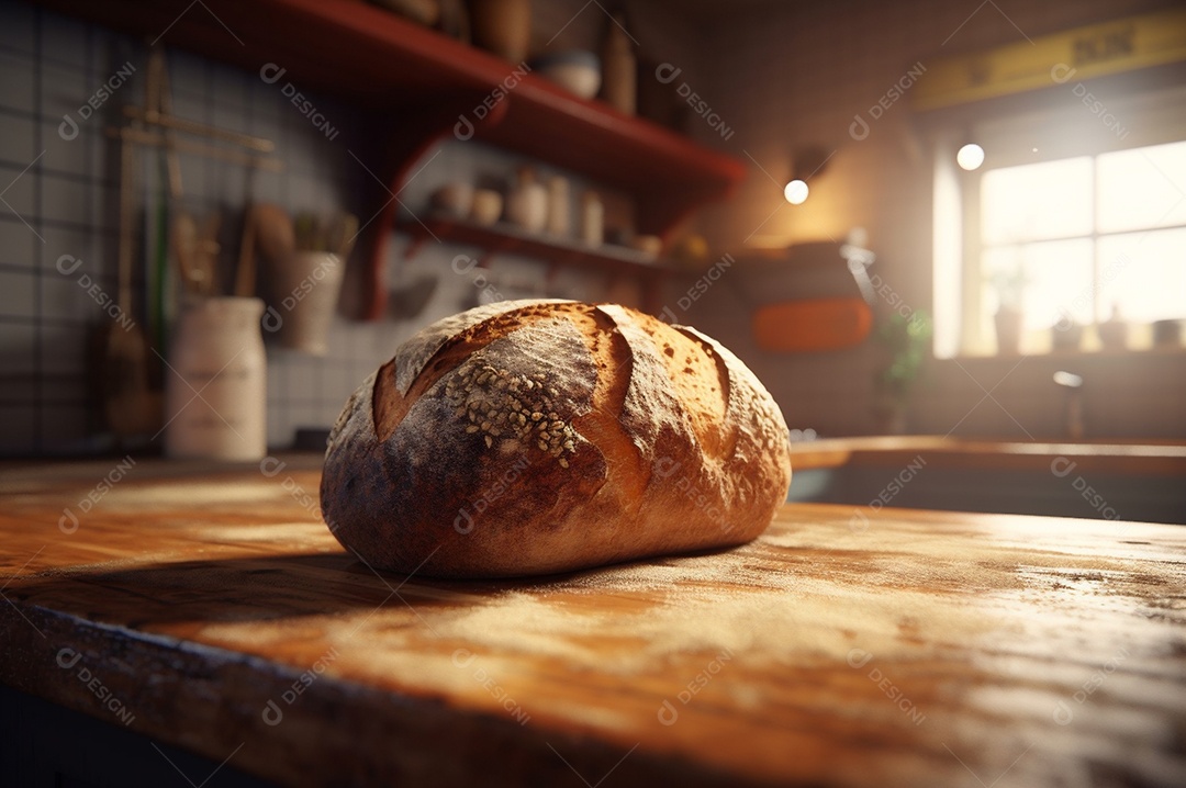 Pão integral orgânico e saudável caseiro em uma mesa de madeira.
