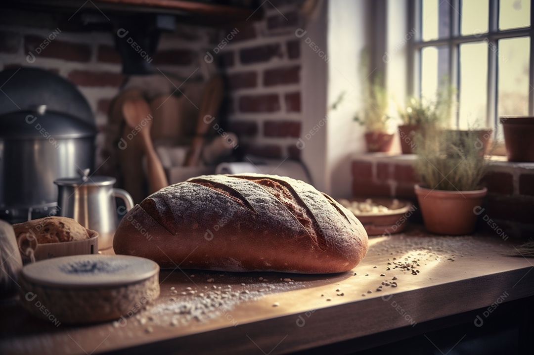 Pão integral orgânico e saudável caseiro em uma mesa de madeira.