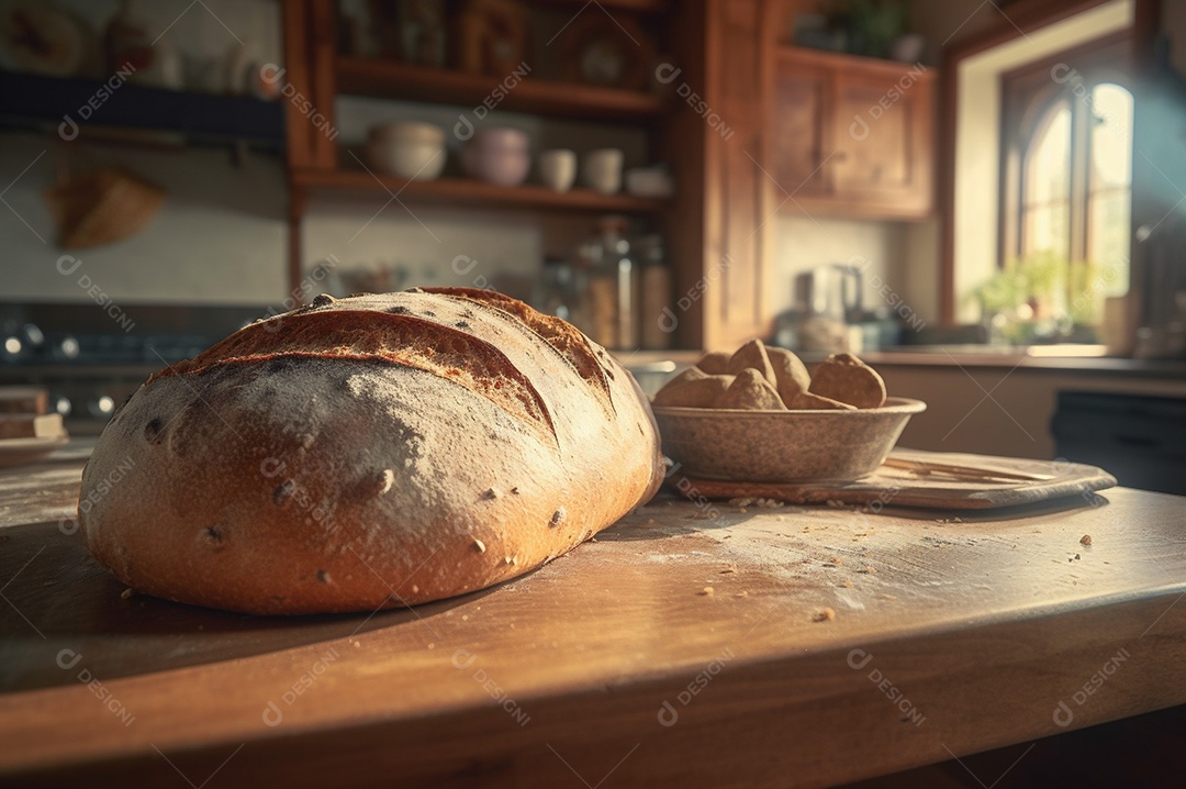 Pão integral orgânico e saudável caseiro em uma mesa de madeira.