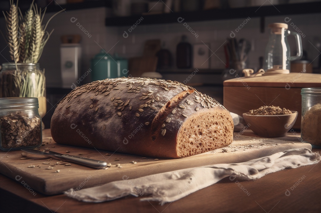 Pão integral orgânico e saudável caseiro em uma mesa de madeira.