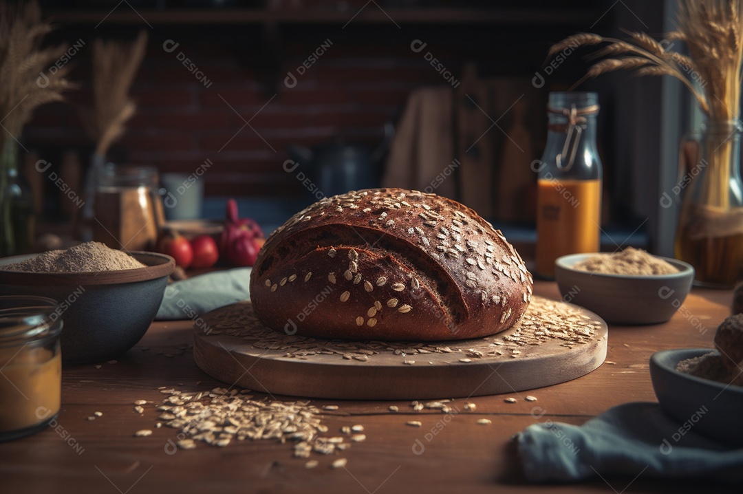 Pão integral orgânico e saudável caseiro em uma mesa de madeira.